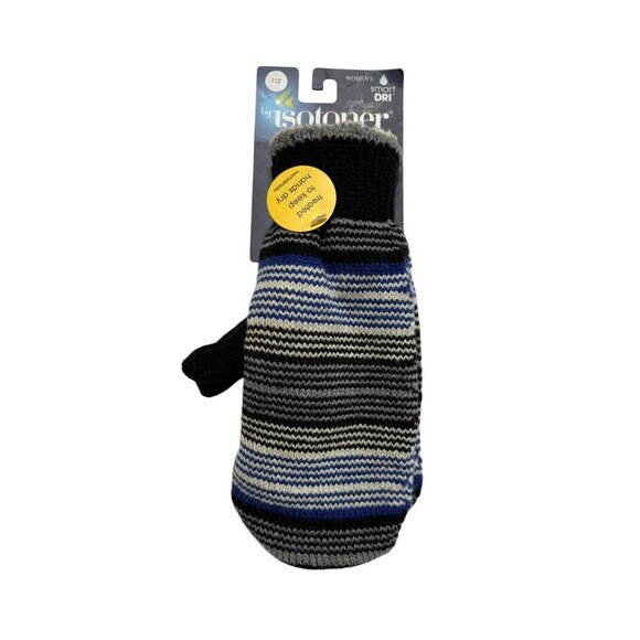 ISOTONER Ladies Knit Winter‎ Mitten Gloves Black & Blue Stripes Smart Dri 1 Sz - Picture 1 of 6